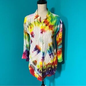 Anthropologie XS Rainbow Tie Dye Long Sleeve Button Down Tunic Top